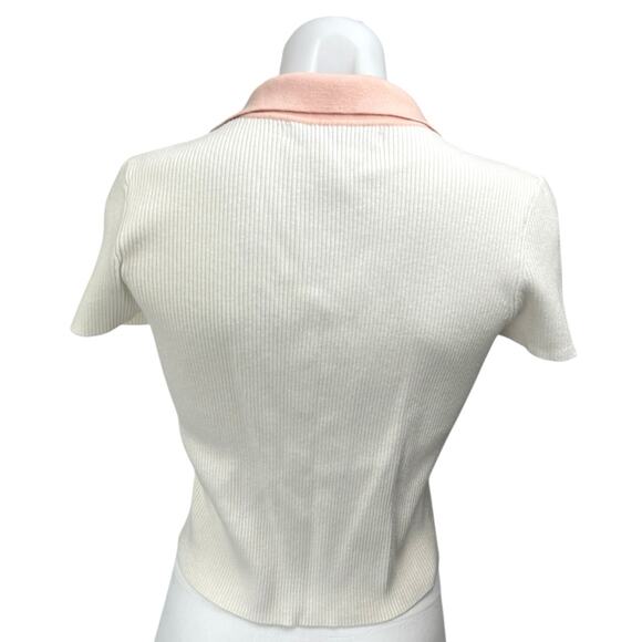 Sophie Rue White Pink Rib Knit Button Collar Short Sleeve Crop Polo Blouse Top M - Picture 2 of 4